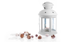 White Lantern Candle With Decorative Christmas Elements