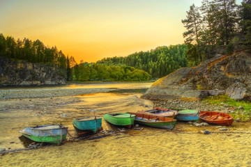 Boats through river coast