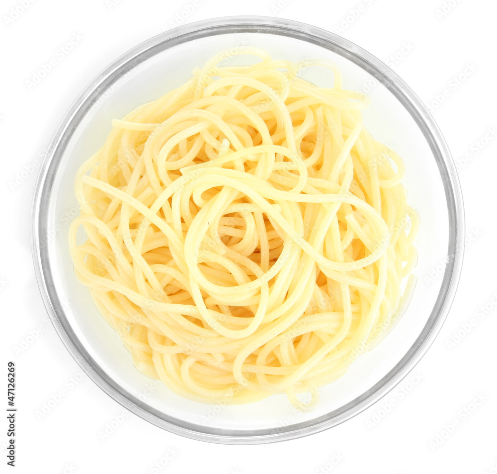 Italian spaghetti in glass bowl isolated on white