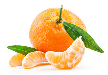 Wall Mural - Tangerines with green leaves isolated on white background