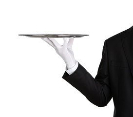 Waiter holding empty silver tray isolated on white background