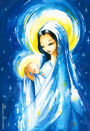 Naklejka na meble Nativity sceneMary with the young Jesus in her arms.Watercolors.