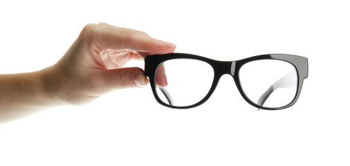 woman hand with black glasses, isolated on white