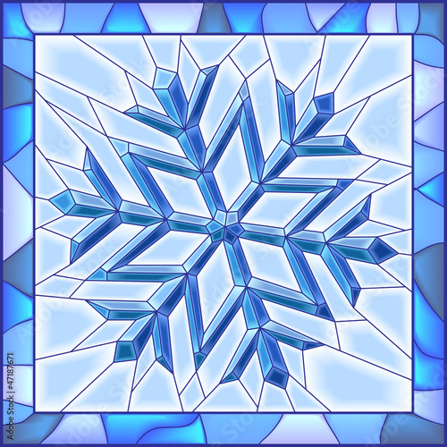 Fototapeta na wymiar Snowflake stained glass window with frame.