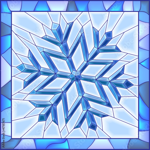 Fototapeta dla dzieci Snowflake stained glass window with frame.