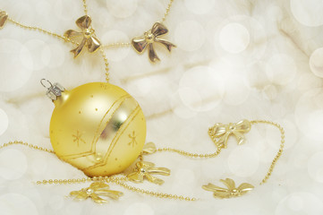 Golden Christmas decorations on blurred background with space fo