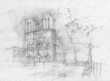 Pencil drawing of the historic facade of Notre dame, Paris