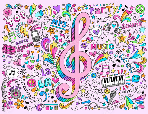 Obraz na płótnie canvas trzyczęściowy "tryptyk" Nutowe g clef groovy doodles wektorowa ilustracja