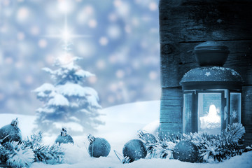 Wall Mural - Christmas baubles with lantern snow and tree background concept