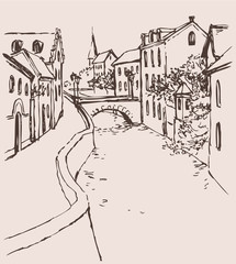 Wall Mural - Vector sketch of the narrow medieval street with bridge over the