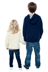 rear view of two little kids. boy holding his sister.