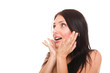 bright picture of pretty woman astonished with hands over mouth