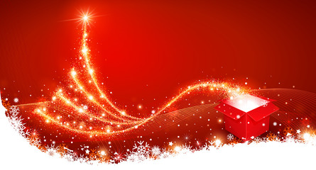 christmas background with magic box and christmas tree