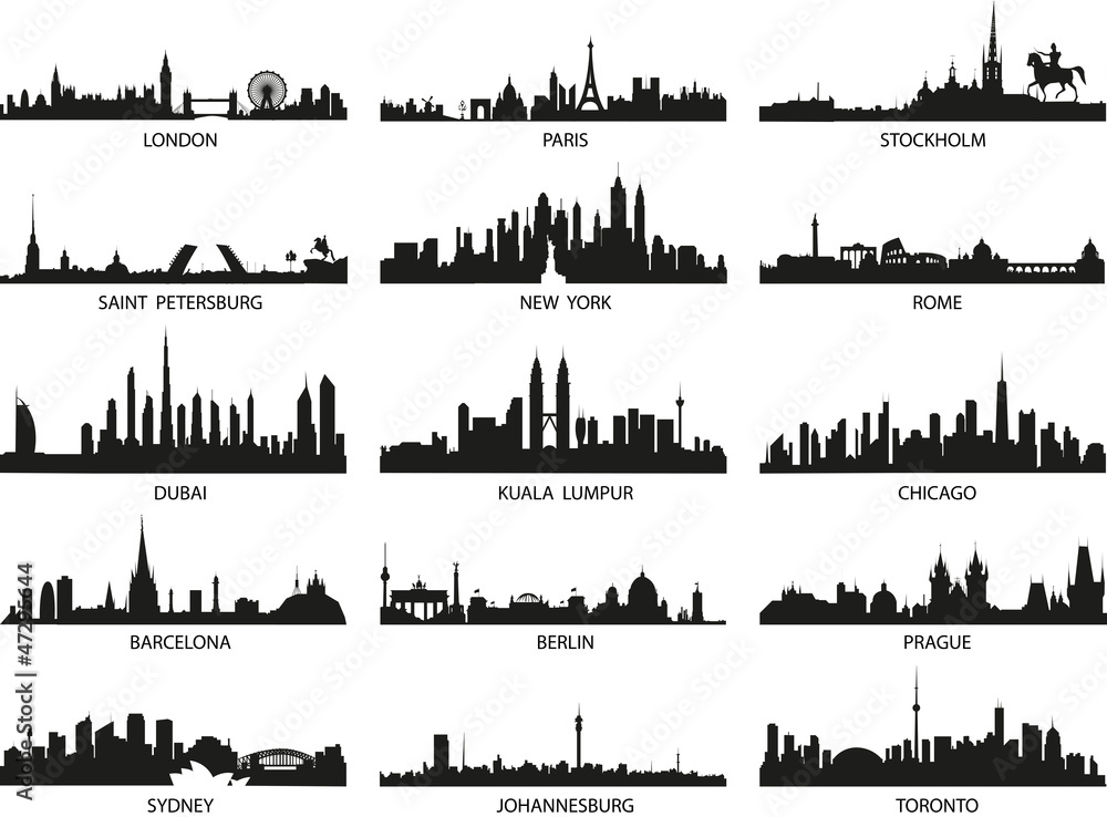 vector silhouettes of the city skylines - obrazy, fototapety, plakaty 