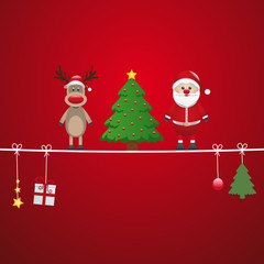 Poster - santa reindeer tree on twine red background