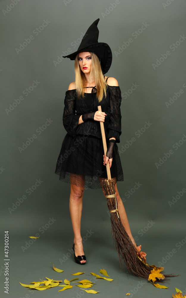 Halloween witch with  broom on gray background