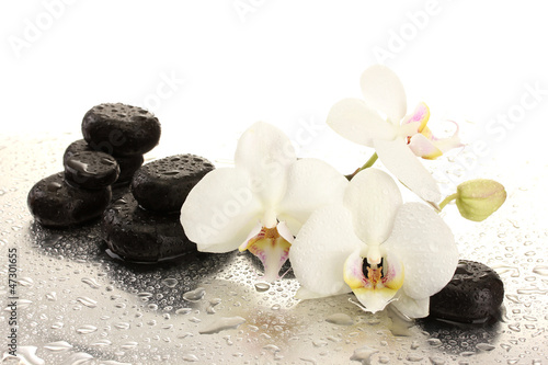 Fototapeta do kuchni Spa stones and orchid flowers, isolated on white.