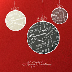 Christmas balls with multilingual greetings pattern. Vector illu