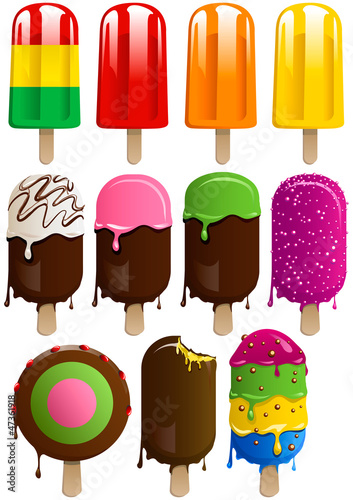 Tapeta ścienna Wektor zestaw 11 kolorowych popsicles owoców i czekolady