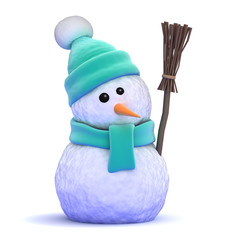 Fototapete - Snowman wearing a wooly green hat holding a broom