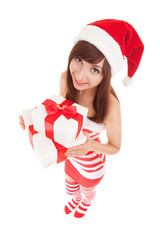 Wall Mural - Happy santa woman with gift boxes