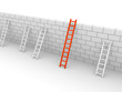 Several ladders with different length leaning the brick wall