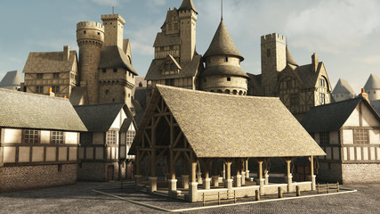 Fototapete - Medieval or Fantasy Town Marketplace