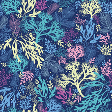 Vector Underwater Seaweed Seamless Pattern Background With Hand