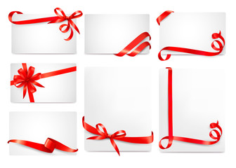 Poster - Set of beautiful cards with red gift bows with ribbons Vector
