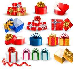 Poster - Set of colorful gift boxes with bows and ribbons. Vector illustr