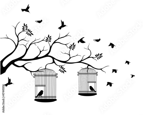 Naklejka dekoracyjna illustration flying birds with a love for the bird in the cage