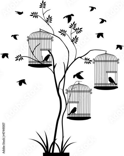 Nowoczesny obraz na płótnie illustration silhouette of birds flying and bird in the cage