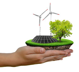 Wall Mural - little island with solar panel and wind turbines