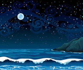 Canvas Print - Night seascape with waves, island and full moon