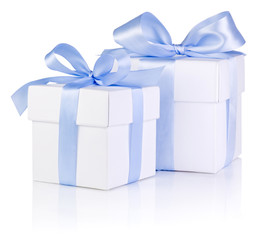 Wall Mural - Two White boxs tied with a Blue satin ribbon bow Isolated on whi