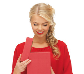 Poster - lovely woman in red dress with opened gift box