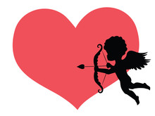 Silhouette Of A Cupid And A Big Red Heart On The Background.