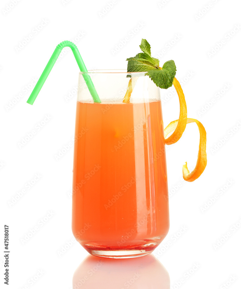 Glass of orange cocktail isolated on white