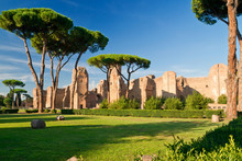 Baths Of Caracalla In Rome, Italy. Landscape Of Ancient Romsn Ruins In Summer.