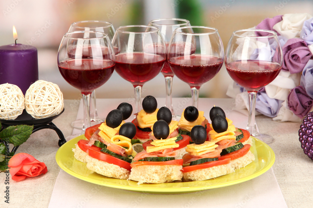 Canapes and wine in restaurant