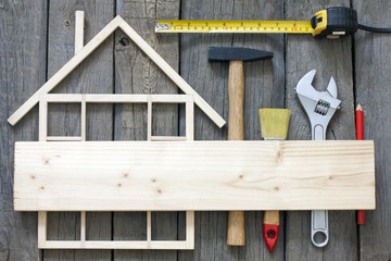 Wooden home construction renovation and tools  background