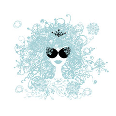 Stylized woman hairstyle with snowflake. Winter concept