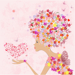 Fotomurales - fashion flowers girl with a heart of butterflies
