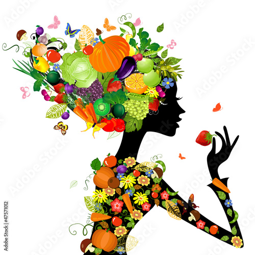 Fototapeta do kuchni Fashion girl with hair from fruits for your design