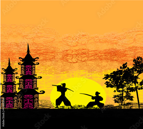 Obraz na płótnie canvas czteroczęściowy "tetraptyk" Ilustracja sylwetka dwóch ninja w pojedynku