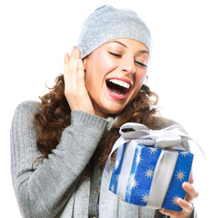 Wall Mural - Happy Young Woman With Christmas Gift Box