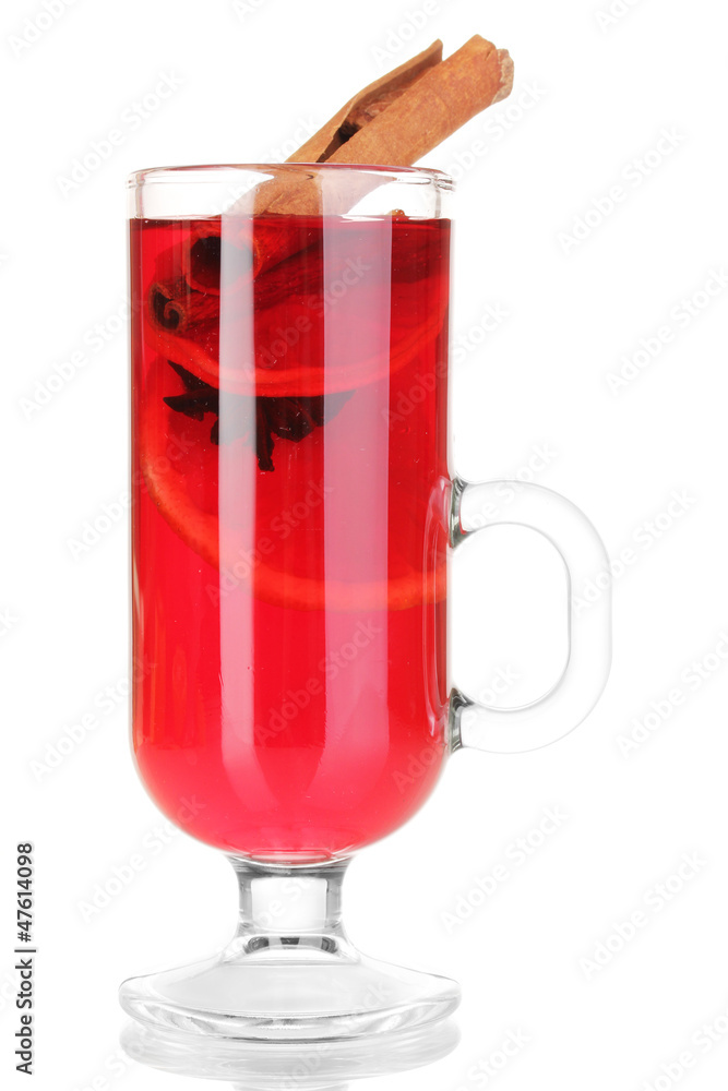 Fragrant mulled wine in glass isolated on white
