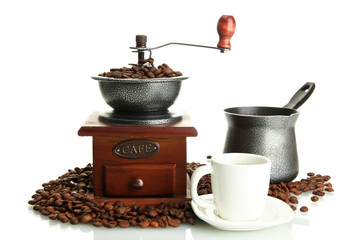 Canvas Print - Coffee grinder, turk and cup of coffee with beans isolated