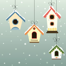 Abstract Bird House Set With Winter Background