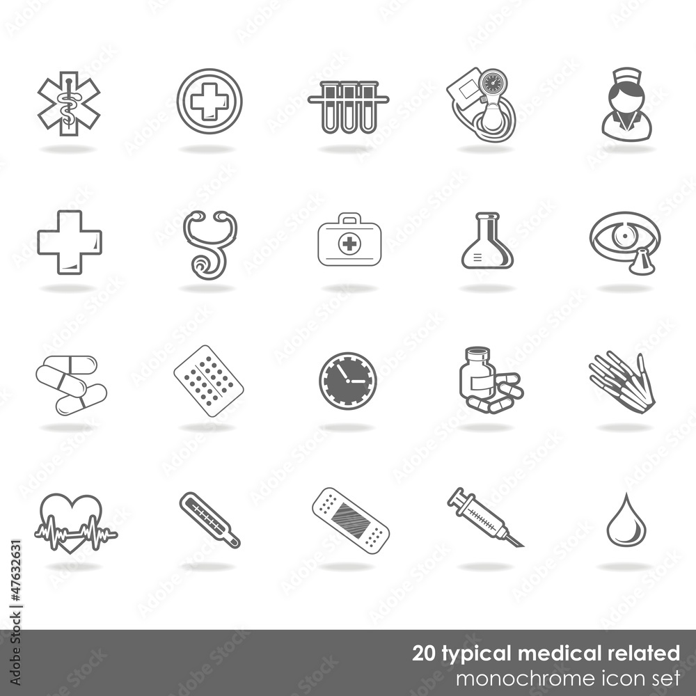 zestaw 20 medycznych ikon zdrowie badania monochrom - obrazy, fototapety, plakaty 